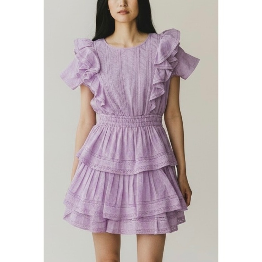 LoveShackFancy Lavender Cotton Dobby Lace Ruffle Mini Dress Size S